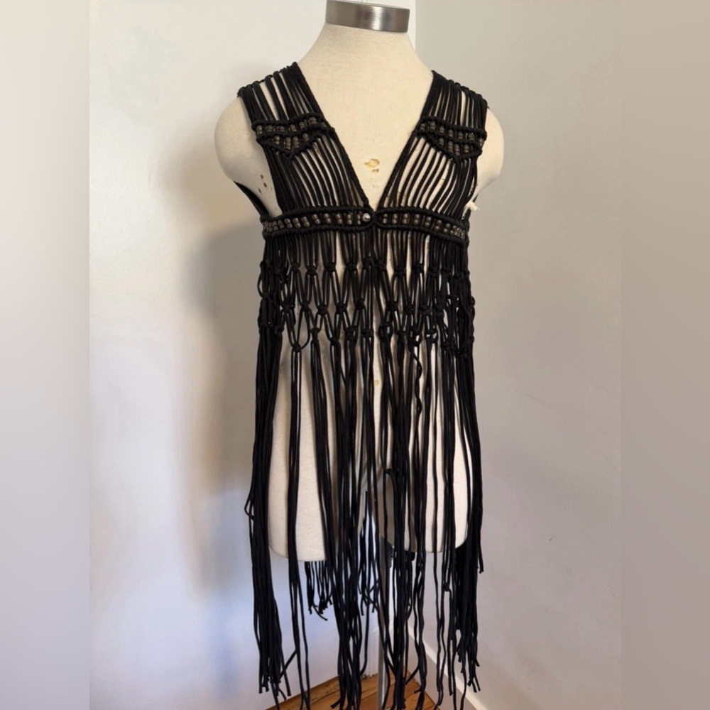 Rare! Vintage 90s UNIF Beaded Macrame Black Fringe Long Vest OS
